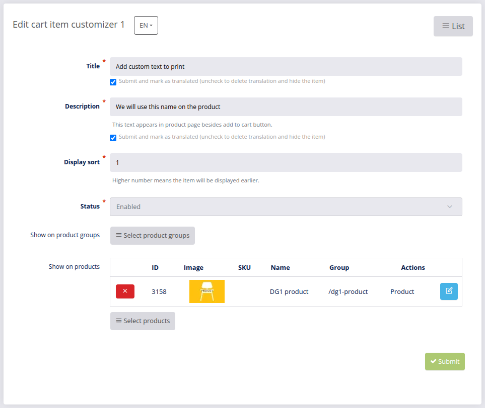 Cart item customizer - Settings