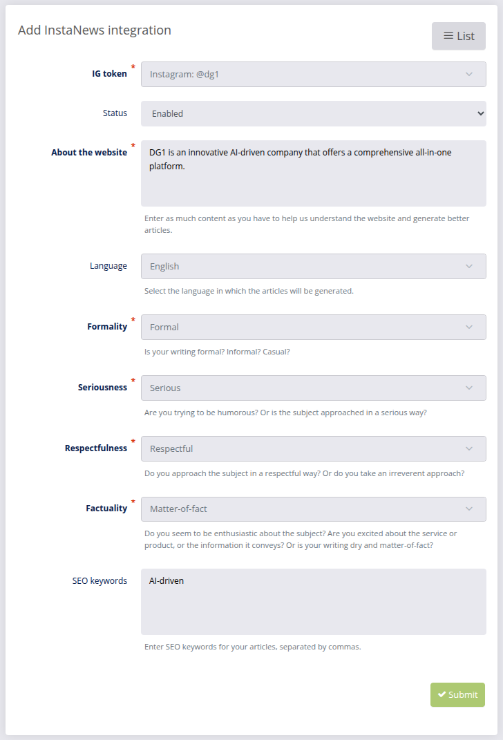 Settings InstaNews