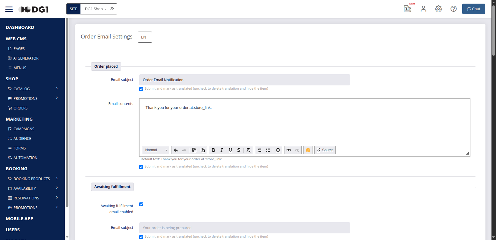 Edit order settings subject and text