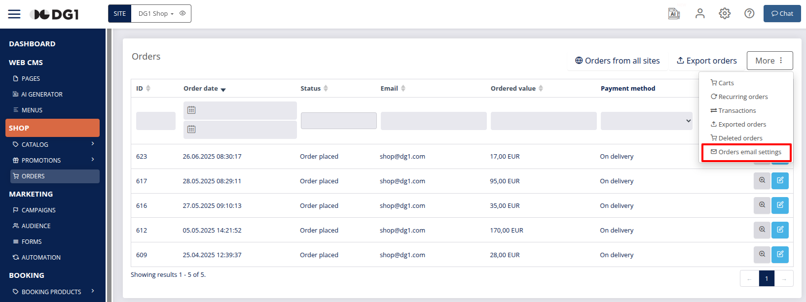 Edit order settings button location