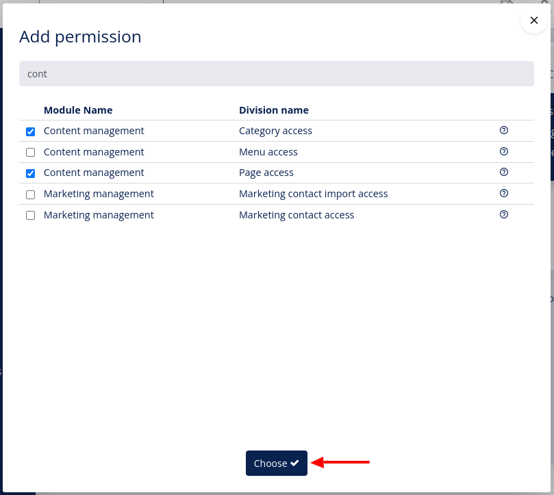Select permissions in pop-up 