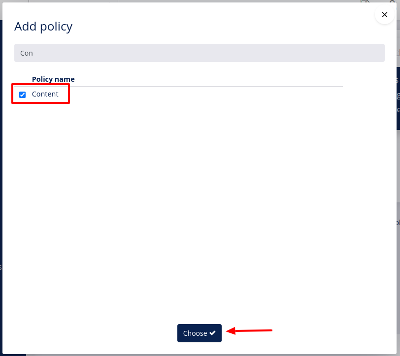 Select policy in pop-up