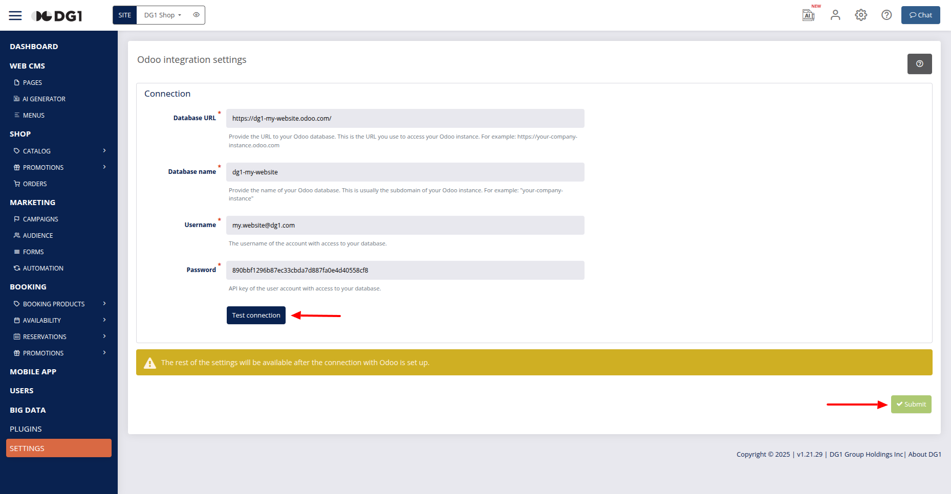 Odoo test connection