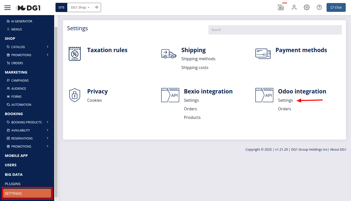 Odoo integration settings