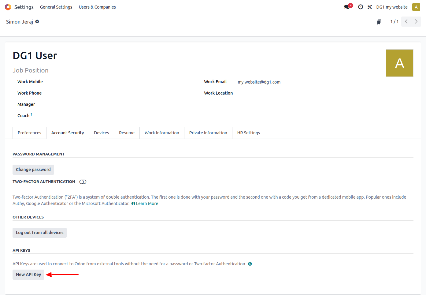 Account security new API key