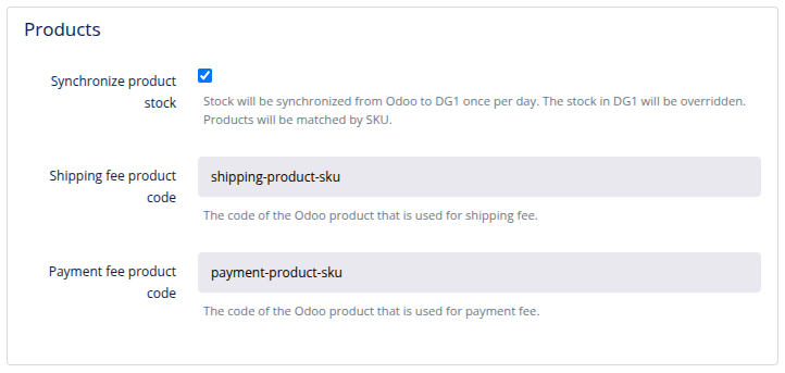 Odoo products sync settings