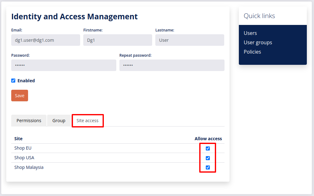 Select site access on user